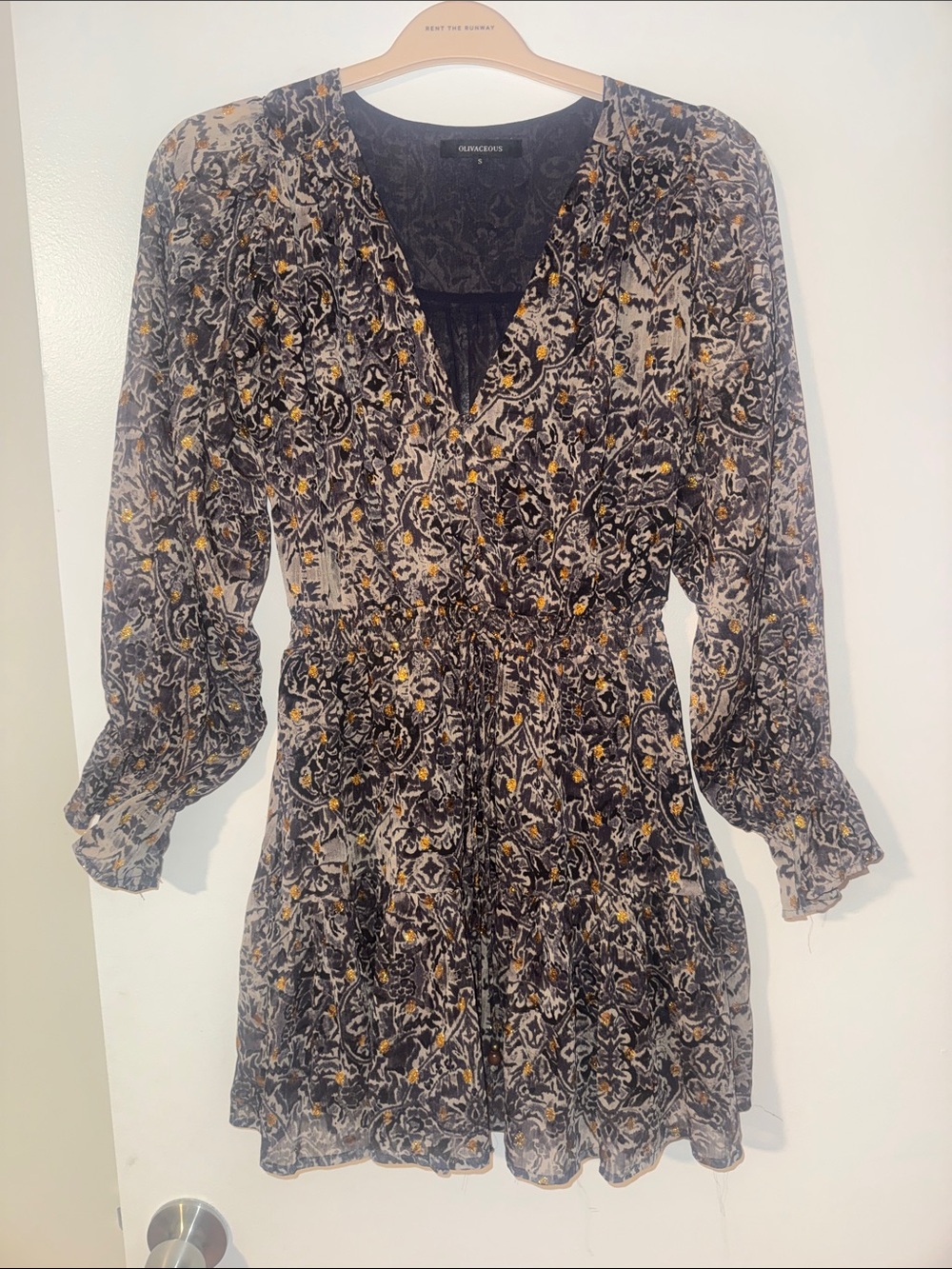 Oliviaceous Pattern Gold Smocked Waist Long Sleeve Dress